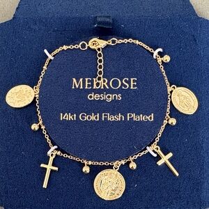 14kt Gold Flash Plated Cross & Coin Charm Bracelet - Gold